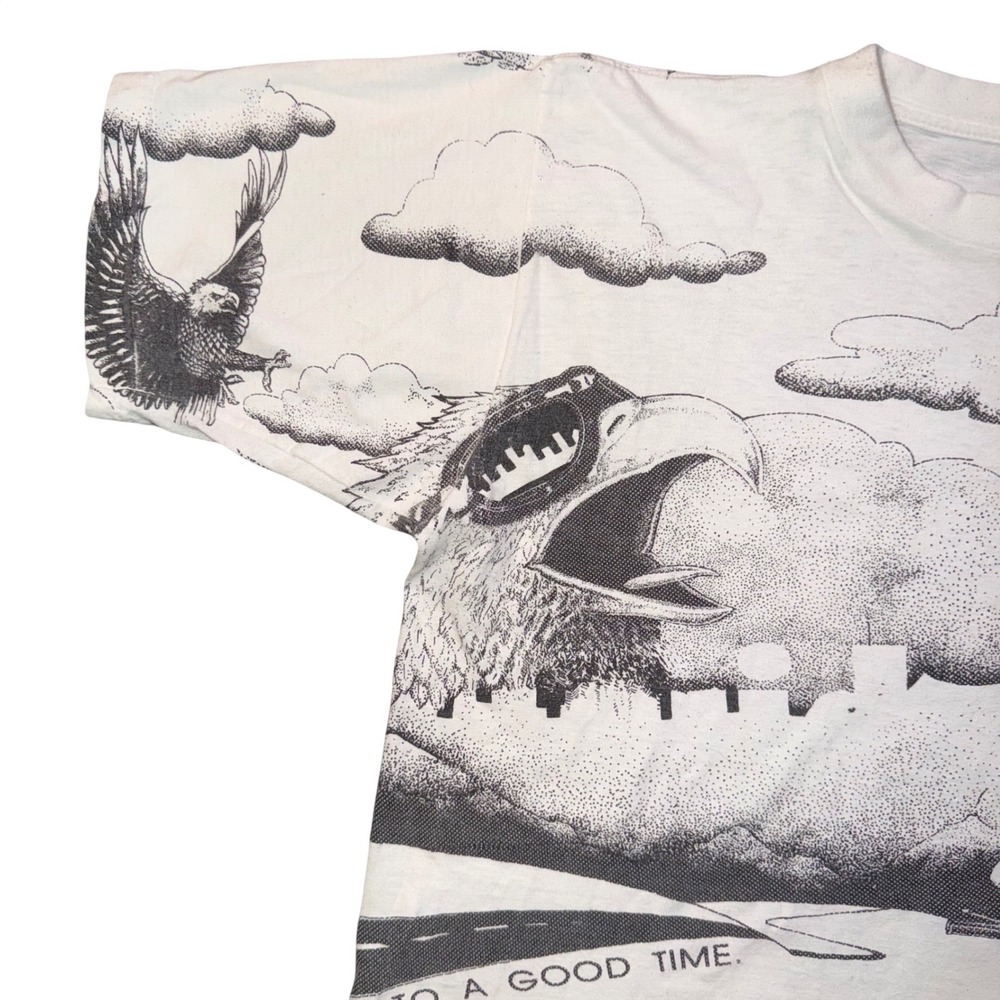 Vintage 90s All Over Print Eagle Motorcycle T-Shirt Single Stitch White 22x26 - Picture 4 of 8